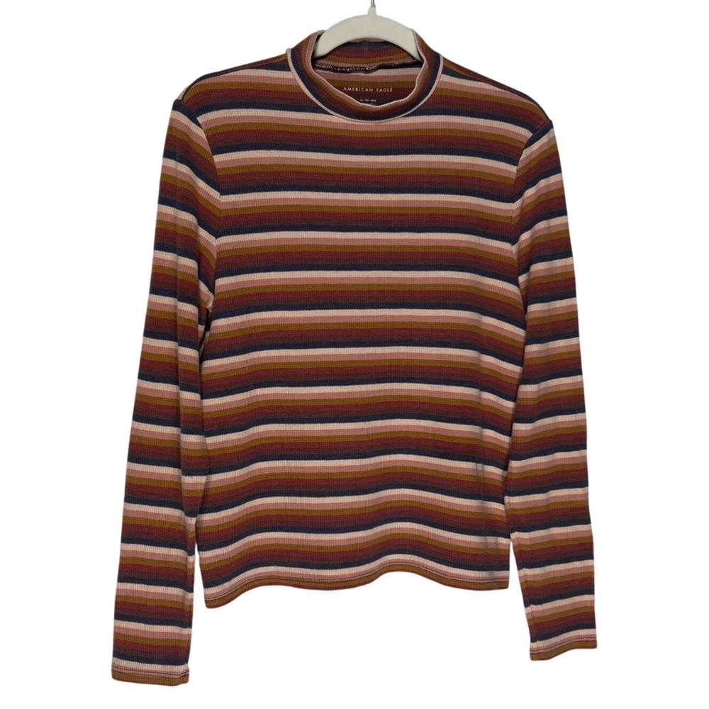 American Eagle Multi Color Striped Mock Neck Ribbed Long Sleeve Top XL